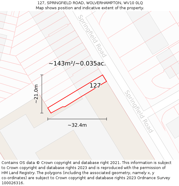 127, SPRINGFIELD ROAD, WOLVERHAMPTON, WV10 0LQ: Plot and title map