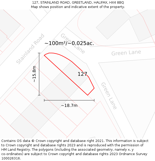 127, STAINLAND ROAD, GREETLAND, HALIFAX, HX4 8BQ: Plot and title map