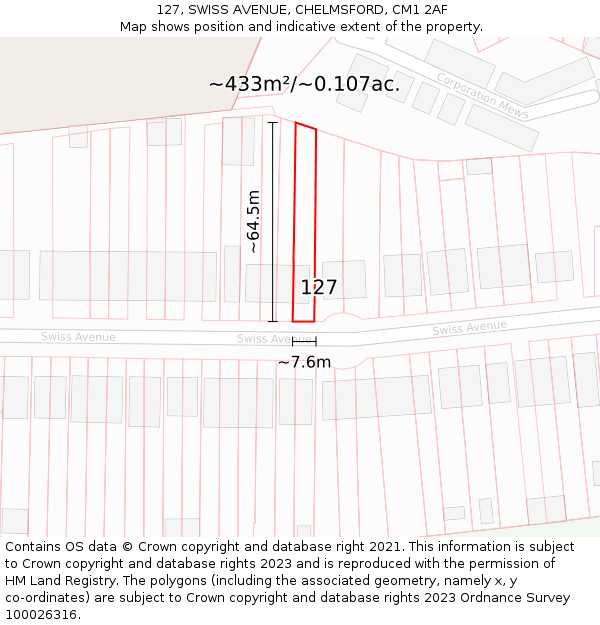 127, SWISS AVENUE, CHELMSFORD, CM1 2AF: Plot and title map
