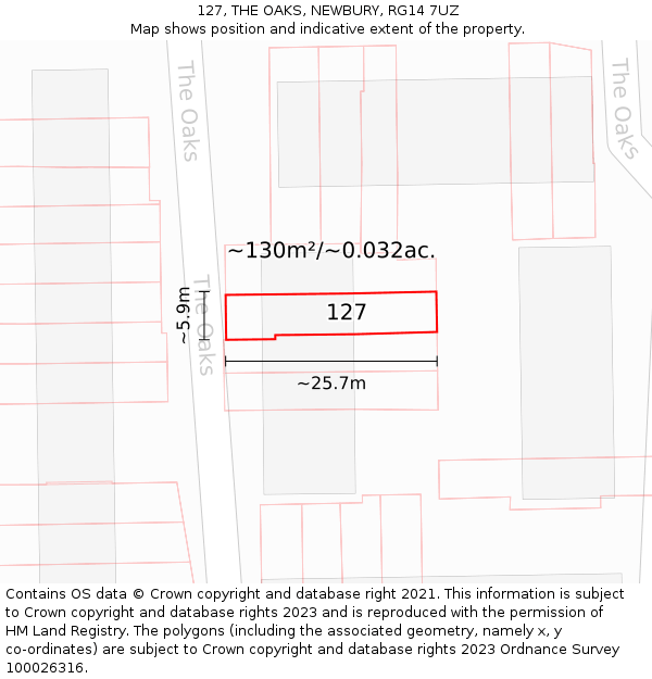 127, THE OAKS, NEWBURY, RG14 7UZ: Plot and title map