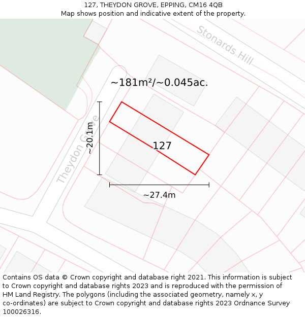 127, THEYDON GROVE, EPPING, CM16 4QB: Plot and title map