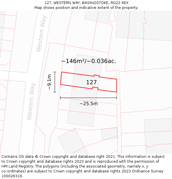 127, WESTERN WAY, BASINGSTOKE, RG22 6EX: Plot and title map