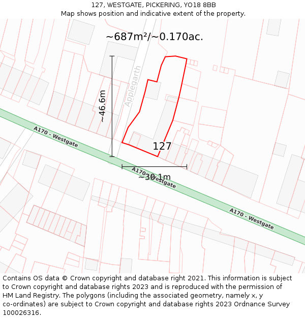 127, WESTGATE, PICKERING, YO18 8BB: Plot and title map
