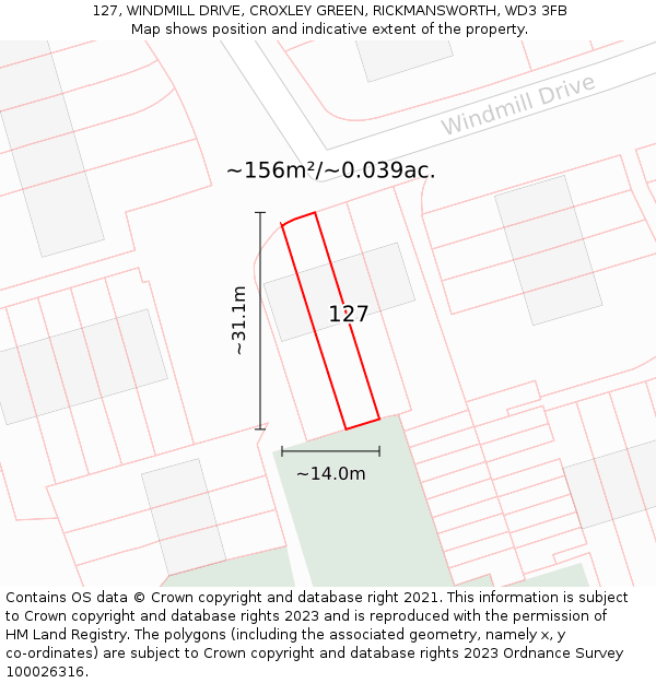 127, WINDMILL DRIVE, CROXLEY GREEN, RICKMANSWORTH, WD3 3FB: Plot and title map