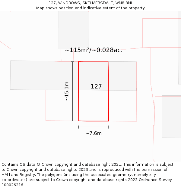 127, WINDROWS, SKELMERSDALE, WN8 8NL: Plot and title map