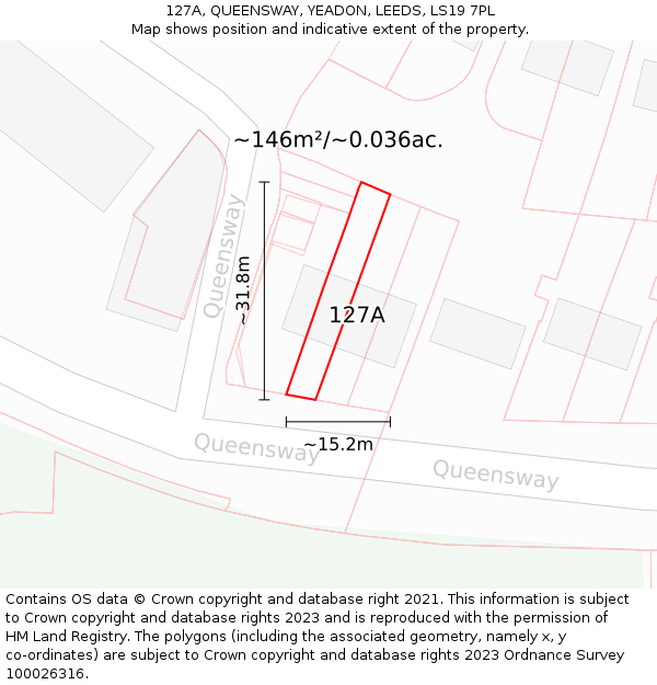 127A, QUEENSWAY, YEADON, LEEDS, LS19 7PL: Plot and title map