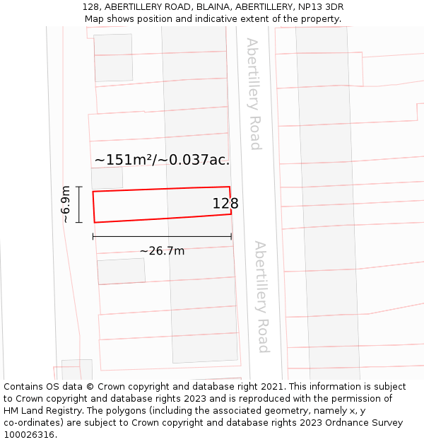 128, ABERTILLERY ROAD, BLAINA, ABERTILLERY, NP13 3DR: Plot and title map