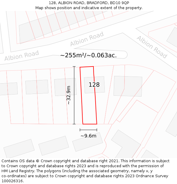 128, ALBION ROAD, BRADFORD, BD10 9QP: Plot and title map