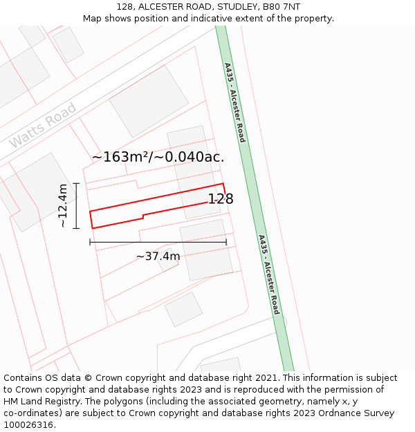 128, ALCESTER ROAD, STUDLEY, B80 7NT: Plot and title map