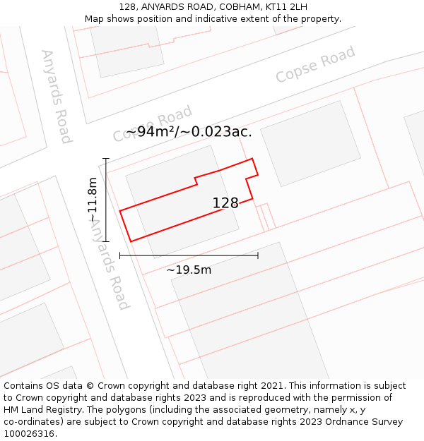 128, ANYARDS ROAD, COBHAM, KT11 2LH: Plot and title map