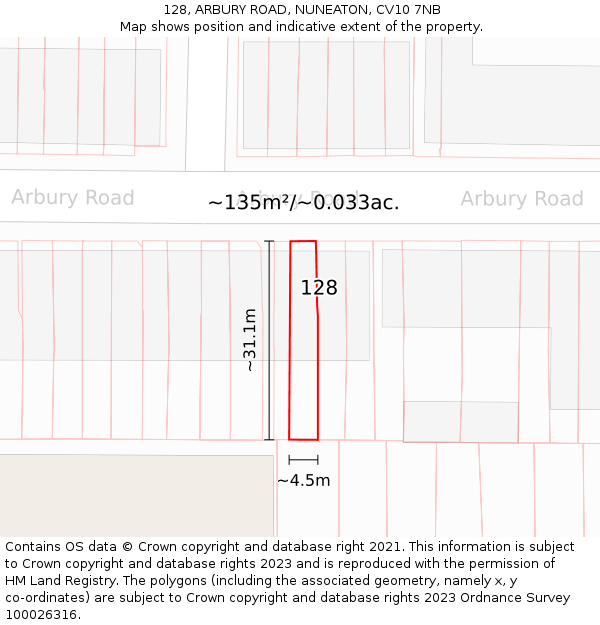 128, ARBURY ROAD, NUNEATON, CV10 7NB: Plot and title map