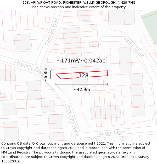 128, ARKWRIGHT ROAD, IRCHESTER, WELLINGBOROUGH, NN29 7HG: Plot and title map