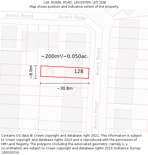 128, AVERIL ROAD, LEICESTER, LE5 2DB: Plot and title map