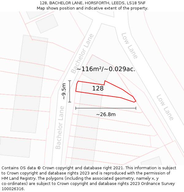 128, BACHELOR LANE, HORSFORTH, LEEDS, LS18 5NF: Plot and title map