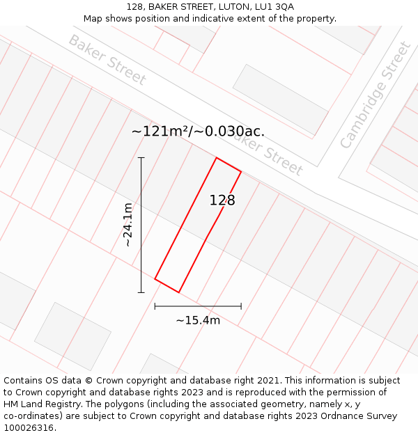 128, BAKER STREET, LUTON, LU1 3QA: Plot and title map