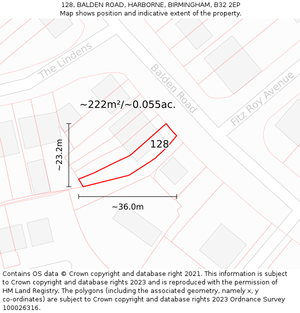 128, BALDEN ROAD, HARBORNE, BIRMINGHAM, B32 2EP: Plot and title map