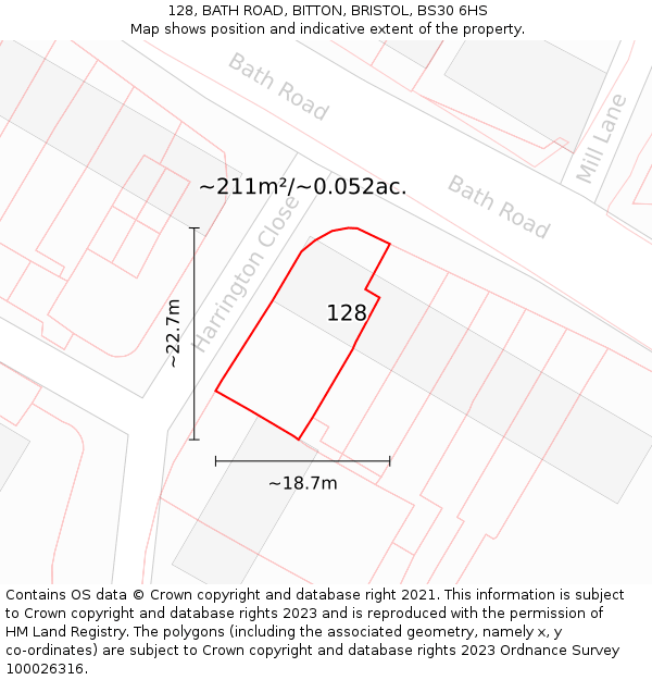 128, BATH ROAD, BITTON, BRISTOL, BS30 6HS: Plot and title map