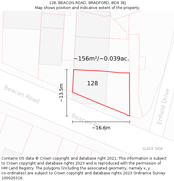 128, BEACON ROAD, BRADFORD, BD6 3EJ: Plot and title map