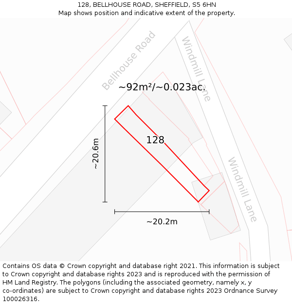 128, BELLHOUSE ROAD, SHEFFIELD, S5 6HN: Plot and title map