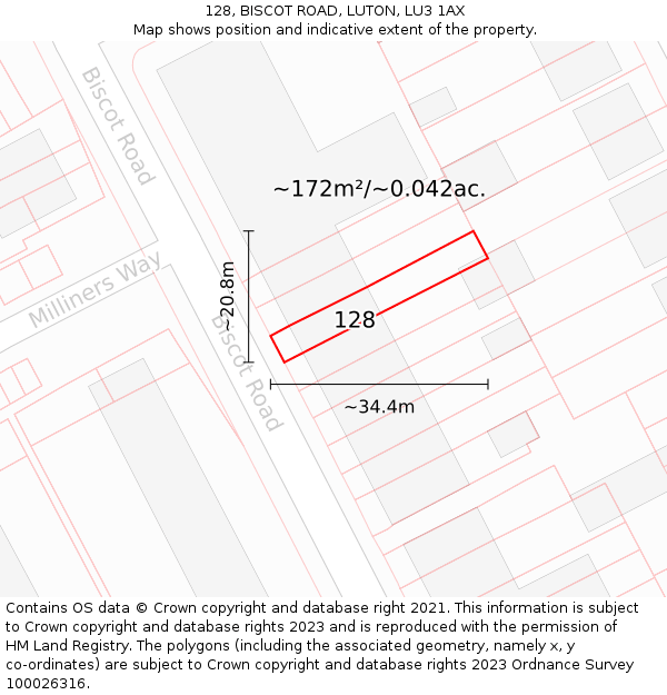 128, BISCOT ROAD, LUTON, LU3 1AX: Plot and title map