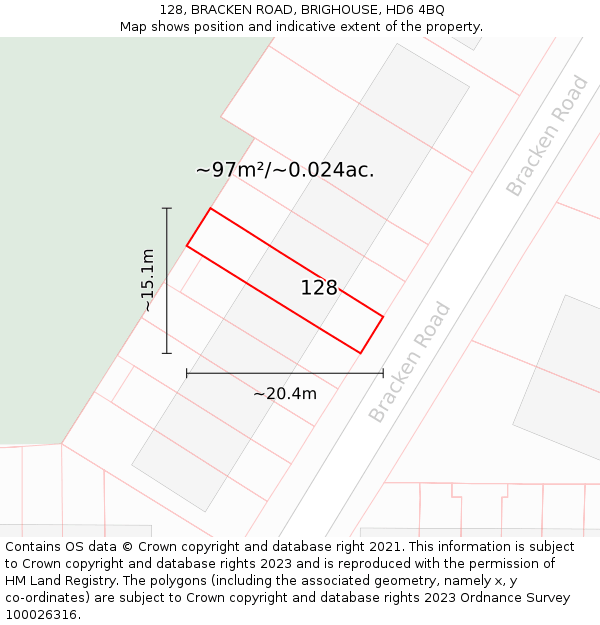 128, BRACKEN ROAD, BRIGHOUSE, HD6 4BQ: Plot and title map