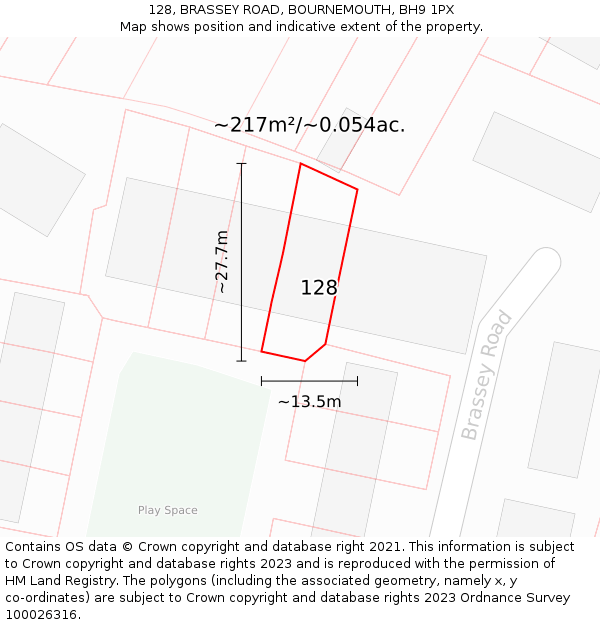 128, BRASSEY ROAD, BOURNEMOUTH, BH9 1PX: Plot and title map