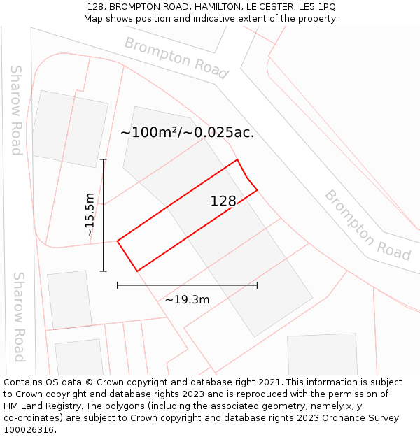 128, BROMPTON ROAD, HAMILTON, LEICESTER, LE5 1PQ: Plot and title map