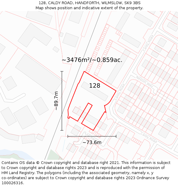 128, CALDY ROAD, HANDFORTH, WILMSLOW, SK9 3BS: Plot and title map