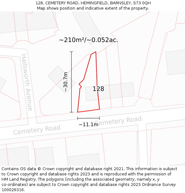 128, CEMETERY ROAD, HEMINGFIELD, BARNSLEY, S73 0QH: Plot and title map