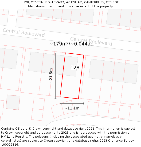 128, CENTRAL BOULEVARD, AYLESHAM, CANTERBURY, CT3 3GT: Plot and title map
