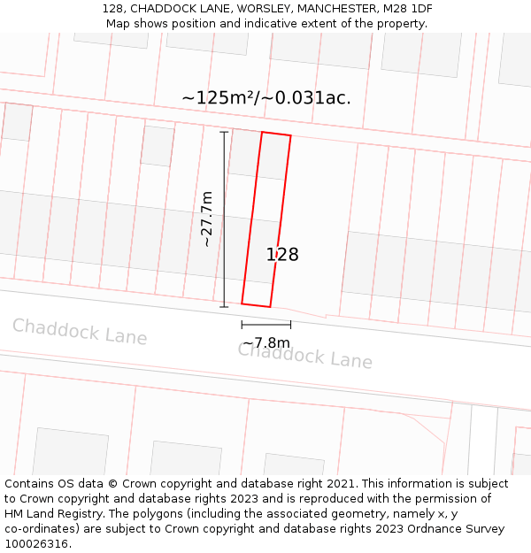 128, CHADDOCK LANE, WORSLEY, MANCHESTER, M28 1DF: Plot and title map