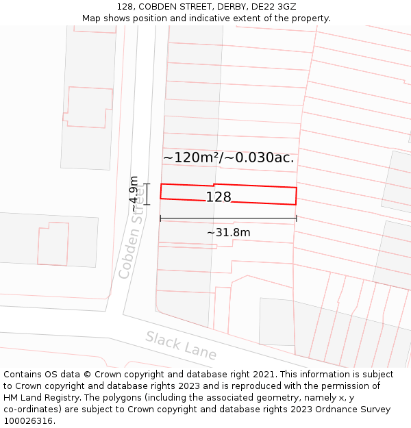 128, COBDEN STREET, DERBY, DE22 3GZ: Plot and title map