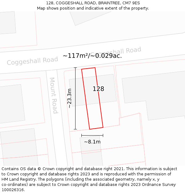 128, COGGESHALL ROAD, BRAINTREE, CM7 9ES: Plot and title map