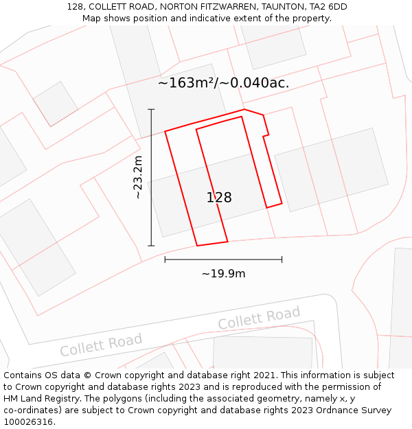 128, COLLETT ROAD, NORTON FITZWARREN, TAUNTON, TA2 6DD: Plot and title map