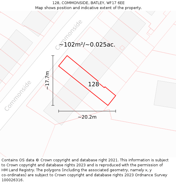 128, COMMONSIDE, BATLEY, WF17 6EE: Plot and title map
