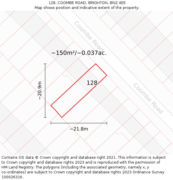 128, COOMBE ROAD, BRIGHTON, BN2 4EE: Plot and title map