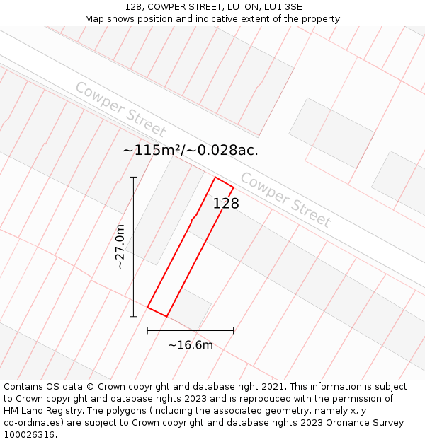 128, COWPER STREET, LUTON, LU1 3SE: Plot and title map