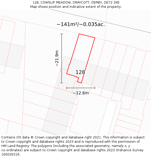 128, COWSLIP MEADOW, DRAYCOTT, DERBY, DE72 3XE: Plot and title map