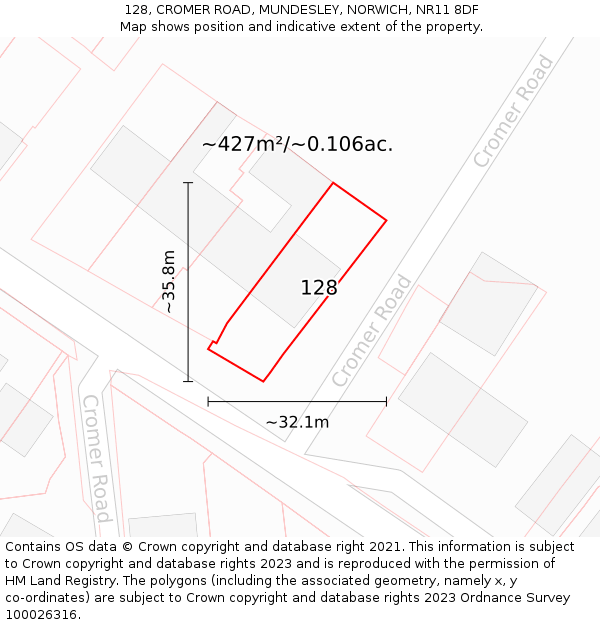 128, CROMER ROAD, MUNDESLEY, NORWICH, NR11 8DF: Plot and title map