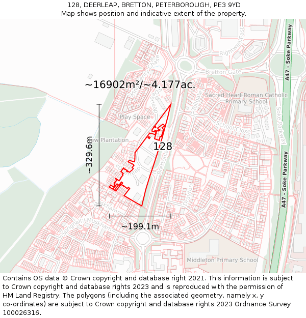 128, DEERLEAP, BRETTON, PETERBOROUGH, PE3 9YD: Plot and title map