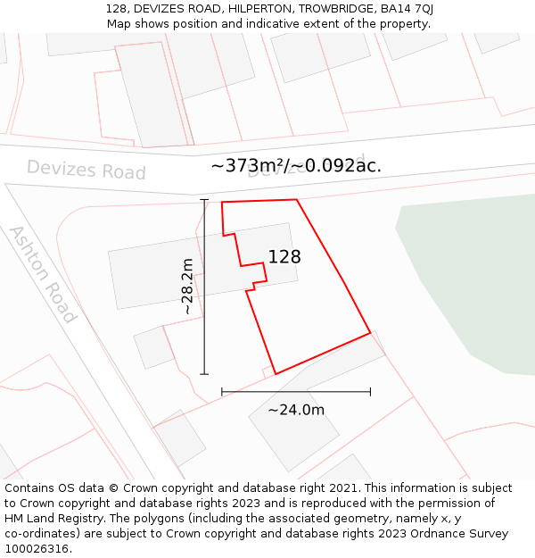 128, DEVIZES ROAD, HILPERTON, TROWBRIDGE, BA14 7QJ: Plot and title map