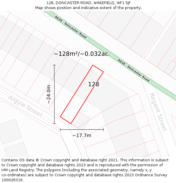 128, DONCASTER ROAD, WAKEFIELD, WF1 5JF: Plot and title map