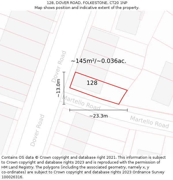 128, DOVER ROAD, FOLKESTONE, CT20 1NP: Plot and title map