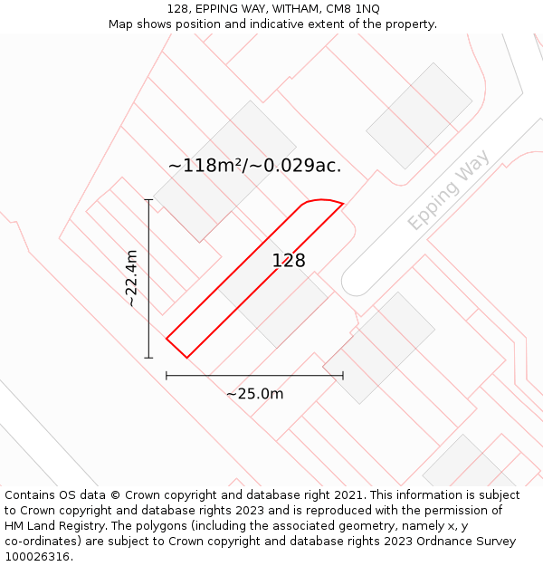 128, EPPING WAY, WITHAM, CM8 1NQ: Plot and title map