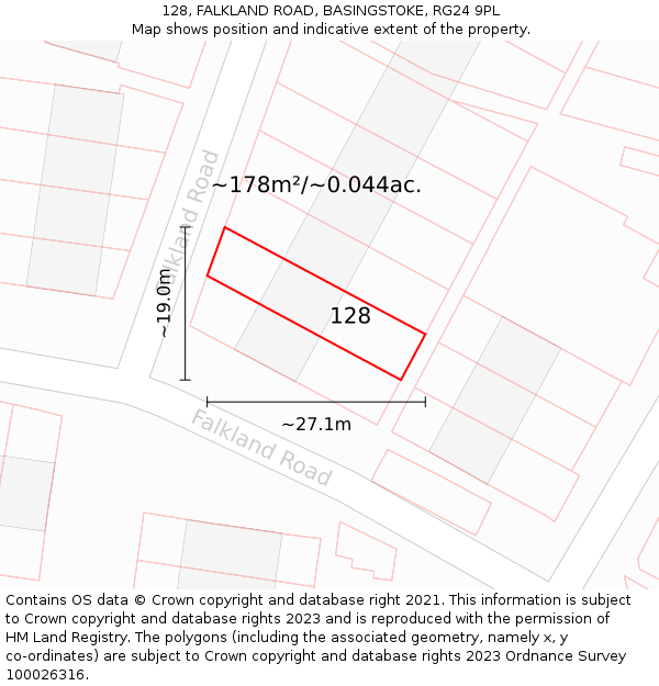 128, FALKLAND ROAD, BASINGSTOKE, RG24 9PL: Plot and title map
