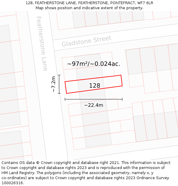 128, FEATHERSTONE LANE, FEATHERSTONE, PONTEFRACT, WF7 6LR: Plot and title map