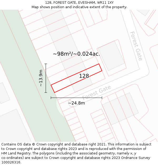 128, FOREST GATE, EVESHAM, WR11 1XY: Plot and title map