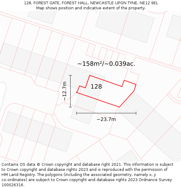 128, FOREST GATE, FOREST HALL, NEWCASTLE UPON TYNE, NE12 9EL: Plot and title map