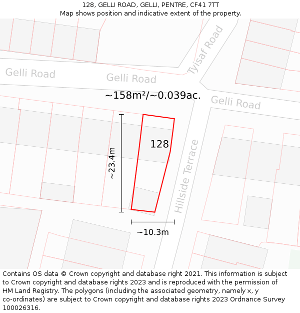 128, GELLI ROAD, GELLI, PENTRE, CF41 7TT: Plot and title map