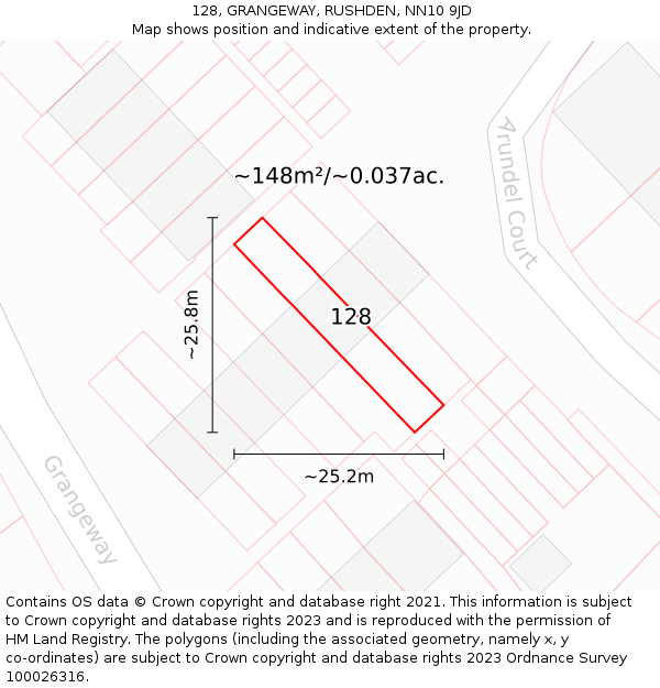 128, GRANGEWAY, RUSHDEN, NN10 9JD: Plot and title map